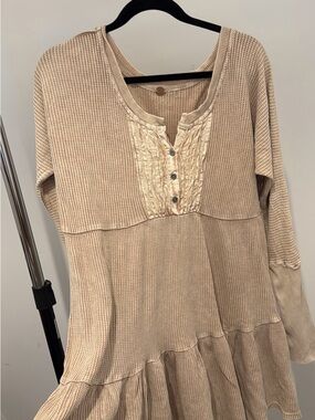 Free People Beige Ruffle Henley Waffle Tunic Dress